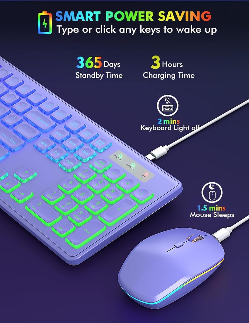 Trueque Wireless Keyboard and Mouse Combo, RGB Backlit, Rechargeable & Light Up Letters, Full-Size, Soft Typing, Sleep Mode, 2.4GHz Quiet Keyboard Set for Mac, Windows, Laptop, PC, (Purple) - Image 3